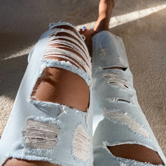 Light Blue Straight Leg Distressed Jeans - Picture 12 of 15